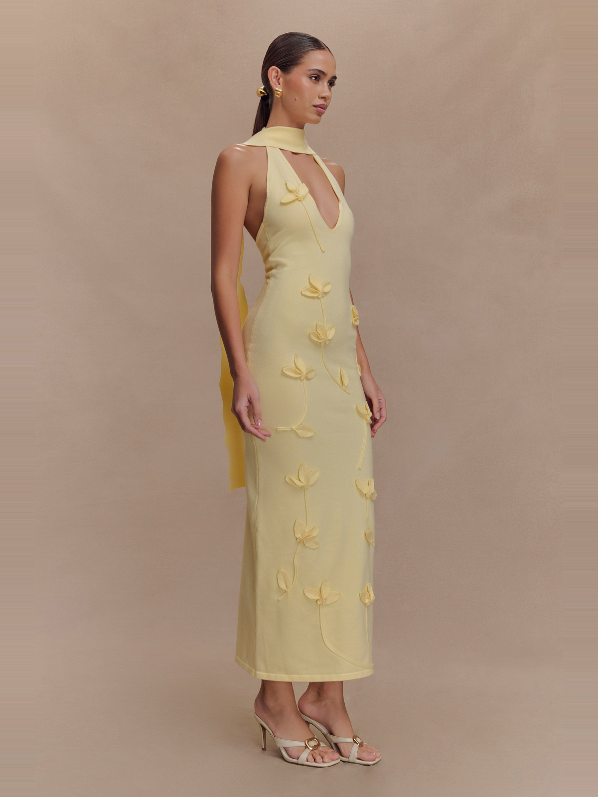 Wynn Limon Sarısı Çiçekli Triko Midi Elbise - 5. görünüm